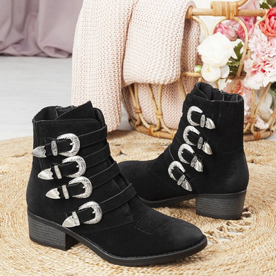 Czarne botki na niskim słupku Grand - Obuwie