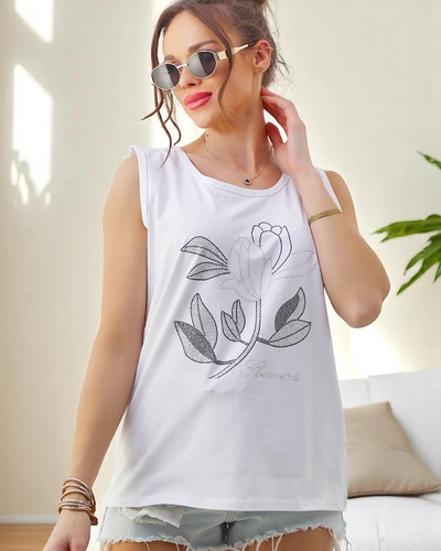 Royalfashion Bavlněný dámský top s flitry KVĚTINY