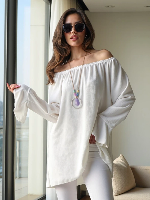 Royalfashion Жіноча блузка з відкритими плечами та рюшем