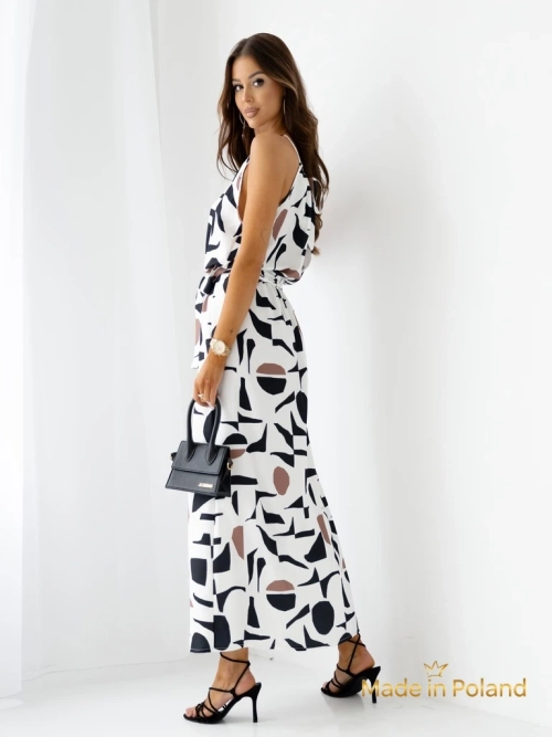 Royalfashion Жіноча міді-сукня на бретелях з поясом у геометричний візерунок