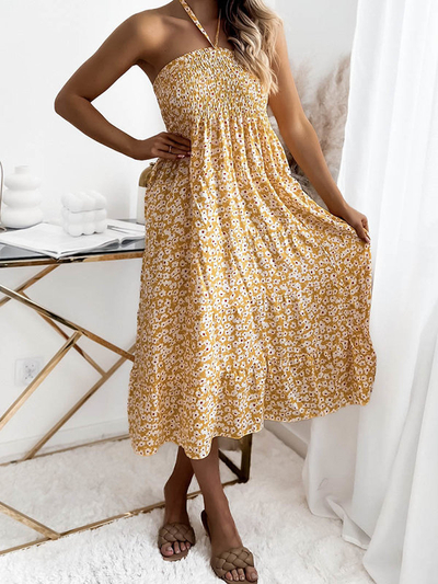 Dámské květinové žluté midi šaty - Oblečení