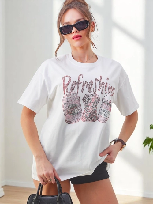 Royalfashion Жіноча бавовняна футболка з принтом зі стразами