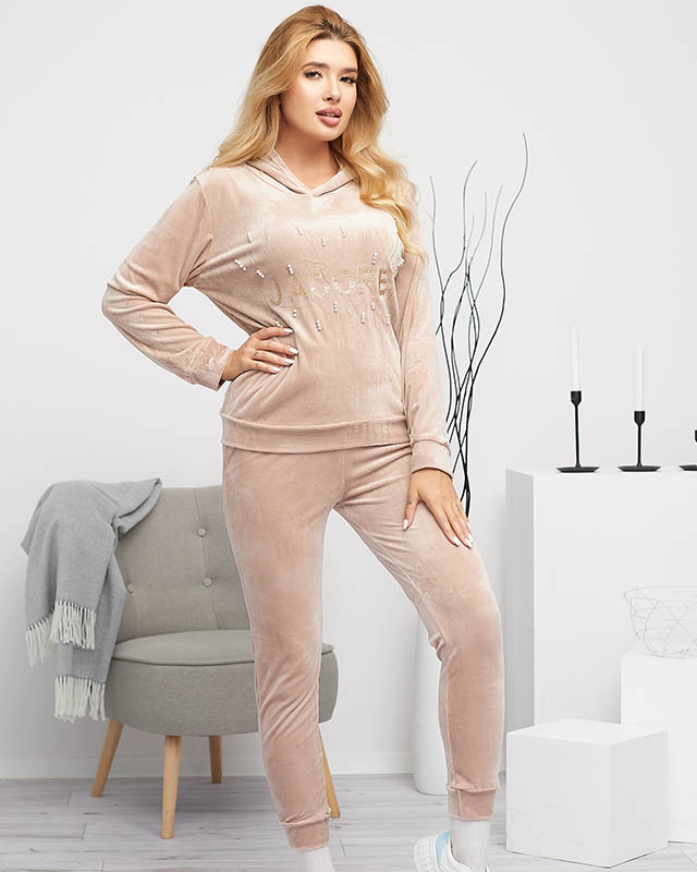 Béžová dámská tepláková souprava s potiskem a perličkami - Oblečení