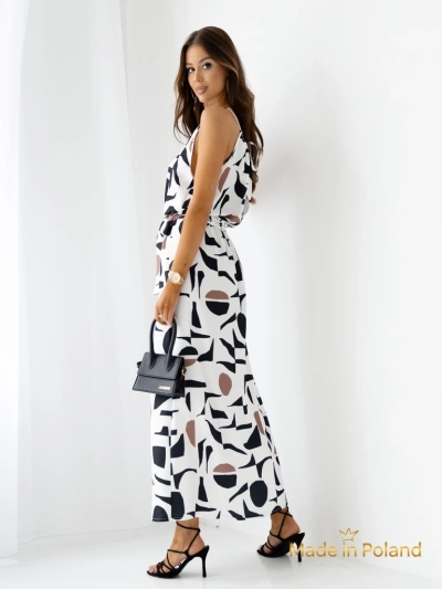 Royalfashion Dámské midi šaty na ramínka s páskem v geometrickém vzoru