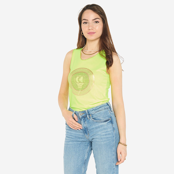 Žlutá neonová halenka na ramínka s potiskem a kubickými zirkoniemi - Oblečení