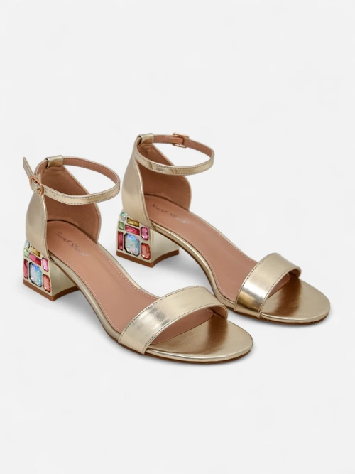 Elektra Aurelia – золоті сандалі на підборах з кольоровими кристалами 5,5 см