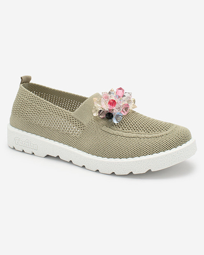 Royalfashion Khaki dámské látkové mokasíny s krystaly Fezens