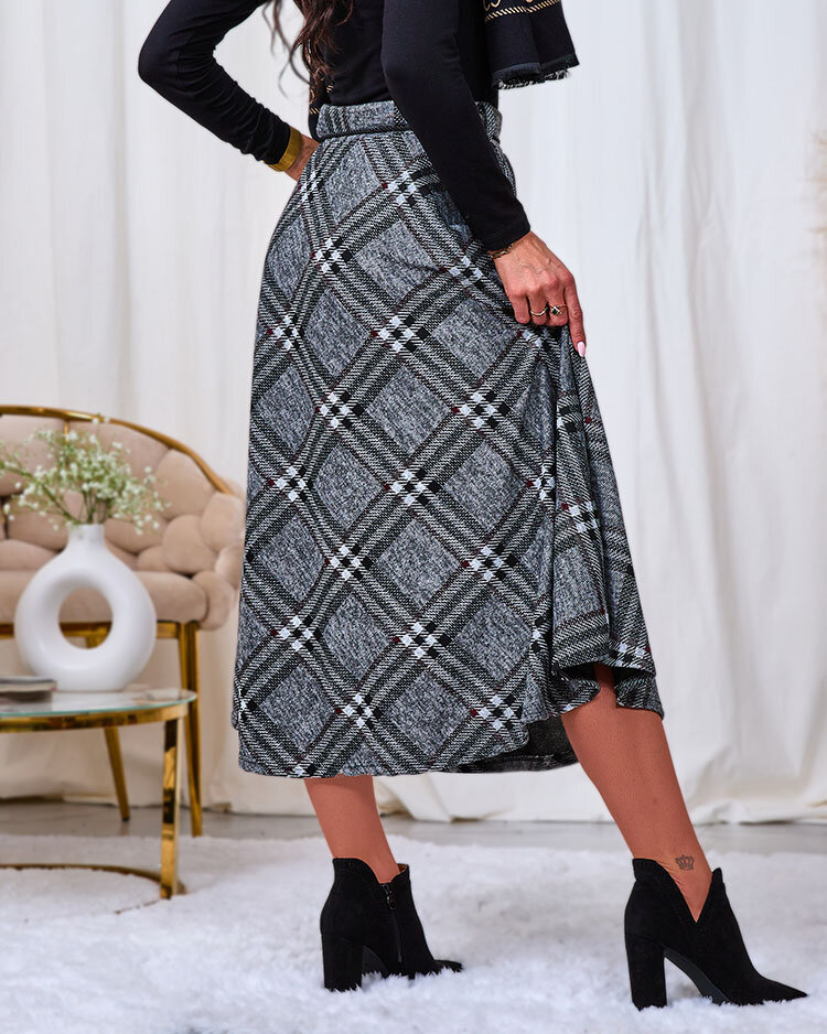 Royalfashion Dámská šedočervená dlouhá kostkovaná sukně