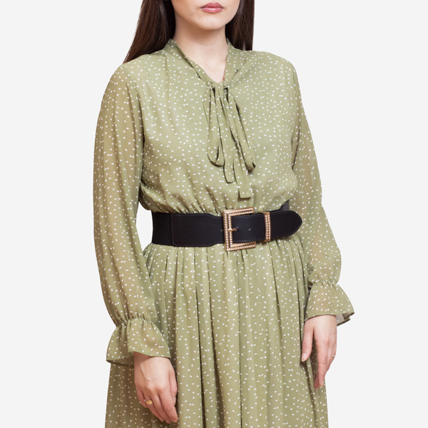 Černý dámský široký pásek s velkou zlatou sponou se zirkony - Doplňky