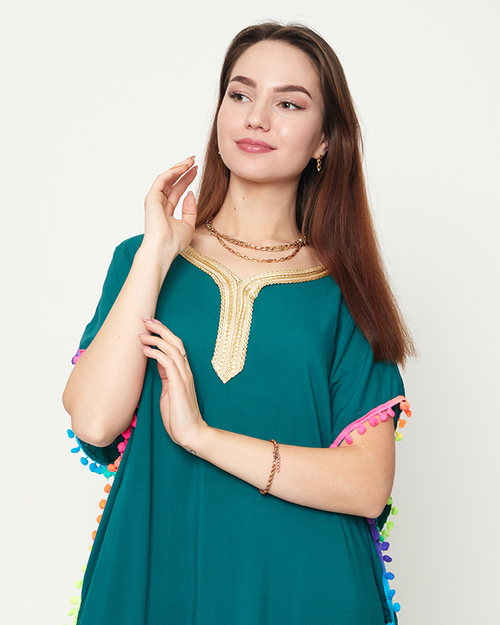 Темно-зелена жіноча літня пляжна туніка з помпонами - Одяг