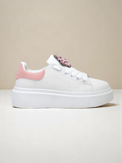 Dámské sneakersy Hypatia Bianco z ekokůže s ozdobou a růžovým akcentem