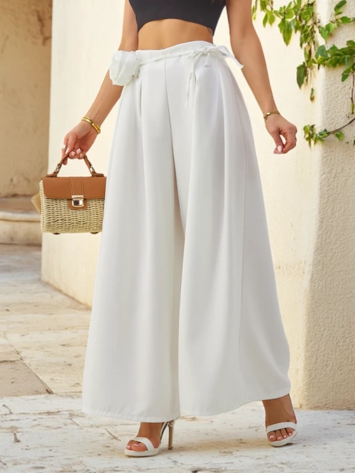 Royalfashion Елегантні широкі жіночі штани з декоративною квіткою на поясі