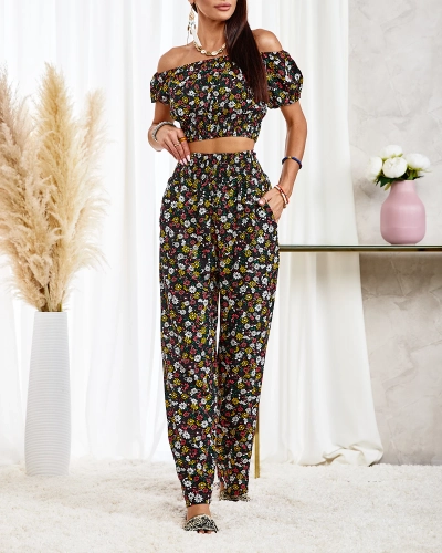 Royalfashion Černý dvoudílný dámský květinový komplet