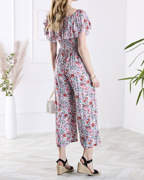 Біло-рожевий довгий жіночий комбінезон з квітковим візерунком - Одяг