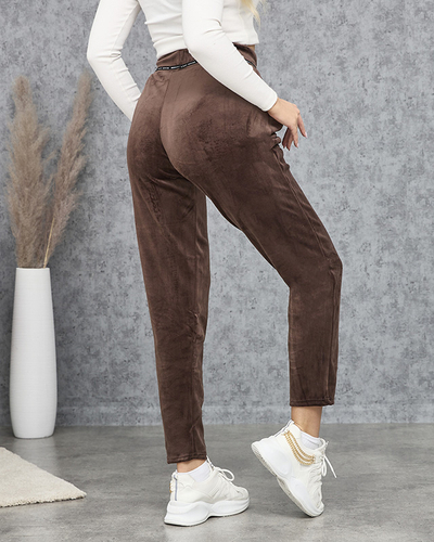 Hnědé velurové tepláky pro ženy PLUS SIZE- Oblečení