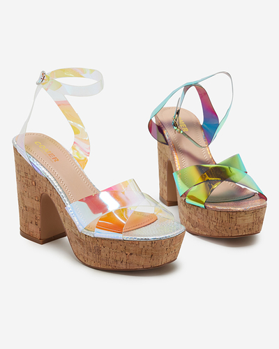 Růžovo-zlaté dámské holografické sandály na sloupku Tenssy - Footwear