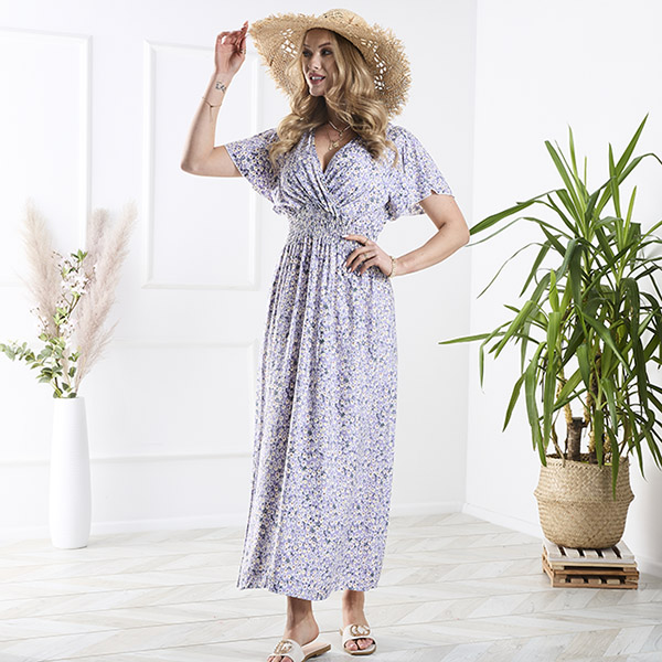 Dlouhé fialové dámské šaty s drobnými květy - Oblečení