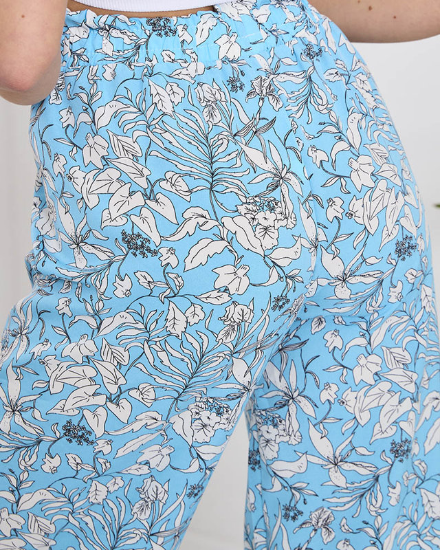 Dámské modré palazzo kalhoty s bílými květy - Oblečení