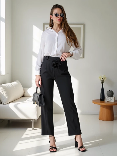 Royalfashion Viskózové rovné kalhoty pro ženy s květinou