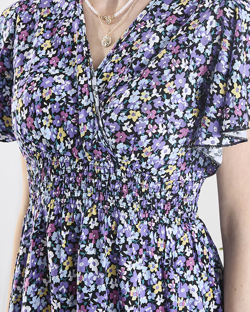 Жіноча чорна довга сукня з фіолетовими квітами - Одяг