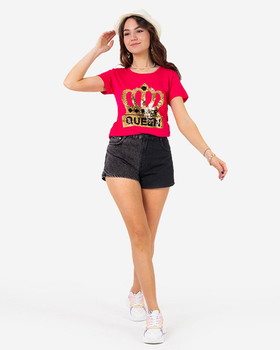 Жіноча футболка кольору фуксія з короною та паєтками