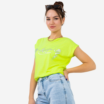 Неонова зелена жіноча футболка з золотим принтом і написом - Одяг