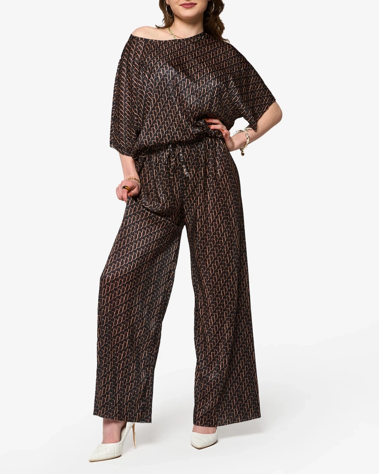 Černý dámský plisovaný komplet s hnědým vzorem - Oblečení