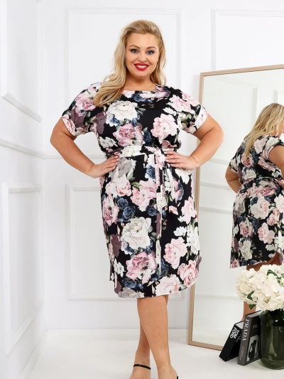 Royalfashion Dámské šaty po kolena s krátkým rukávem a růžovým vázáním