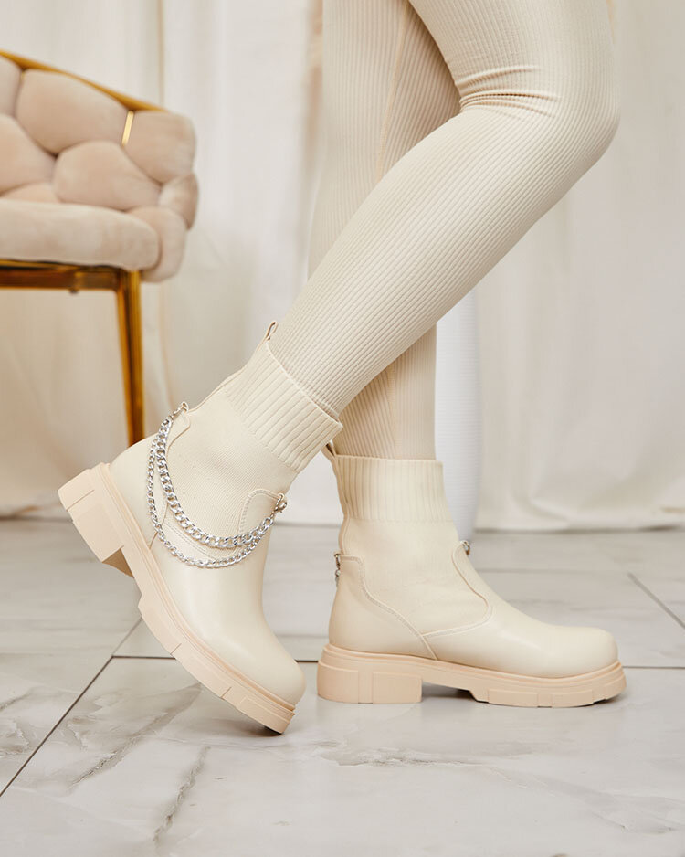 Béžové dámské kozačky se svrškem a'la ponožka Foldaf- Obuv