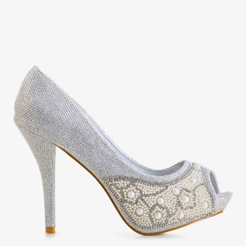 OUTLET Срібні блискучі жіночі високі підбори з фіанітом і перлинами Mira - Взуття
