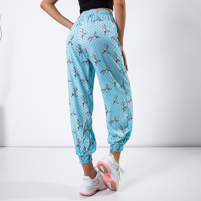Dámské modré harémové kalhoty s ptáky - Oblečení