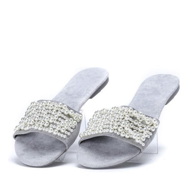 Szare klapki z koralikami Amely - Obuwie
