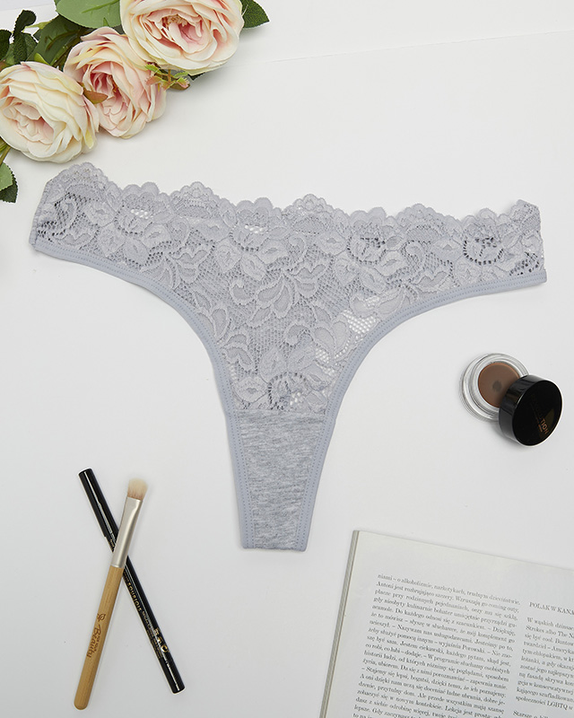 Šedé bavlněné dámské tanga kalhotky s krajkou - Spodní prádlo