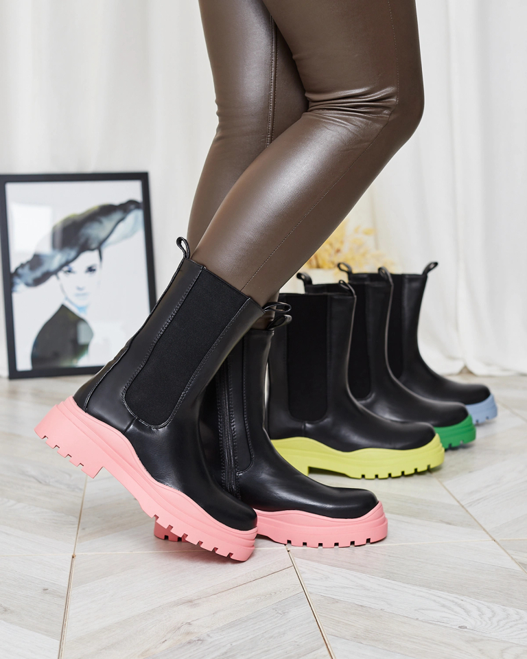 Royalfashion Dámské vysoké černé kozačky s růžovou podrážkou Beerus