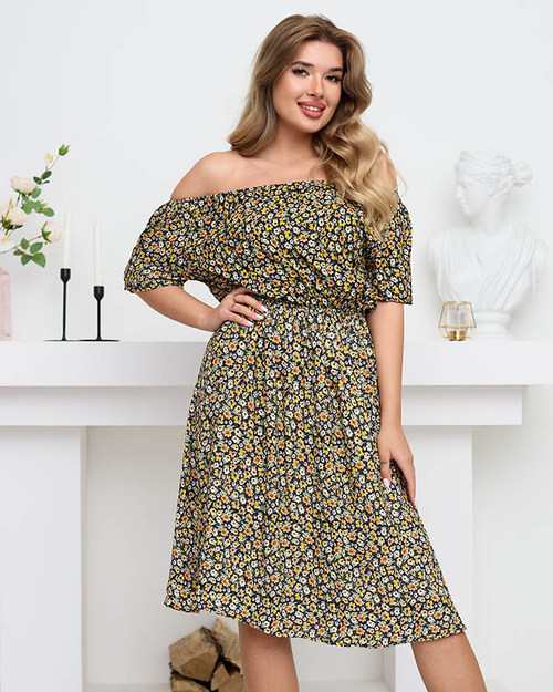 Жіноча чорна коротка літня сукня з різнокольоровими квітами - Одяг