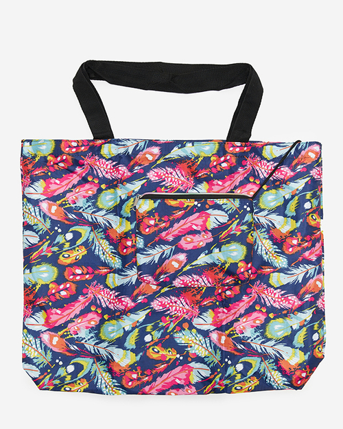 Складна сумка темно-синього кольору з пакетиком і барвистим квітковим візерунком - Аксесуари