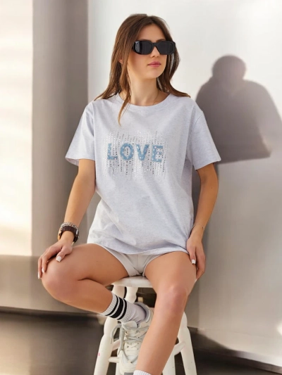Royalfashion Dámské bavlněné tričko LOVE s kamínky