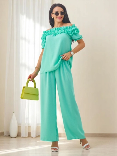 Royalfashion Жіноча комплектація з топом на одно плечо з короткими рукавами та декоративним вирізом, а також розкльошеними штанами