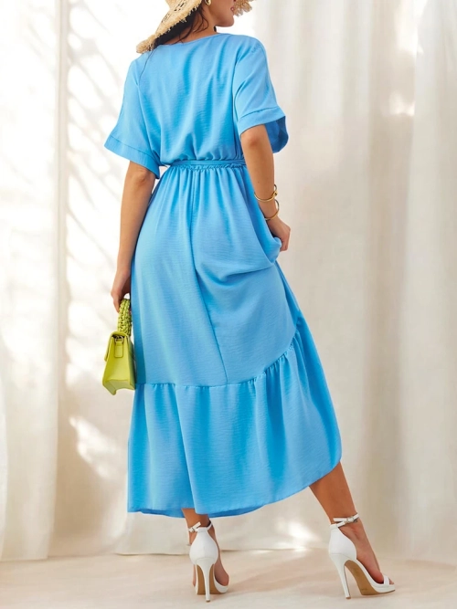 Royalfashion Жіноче міні-сукня з короткими рукавами та декоративними гудзиками