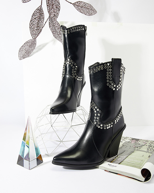 Dámské černé kovbojské boty na podpatku se stříbrnými kamínky Daksiti - Obuv