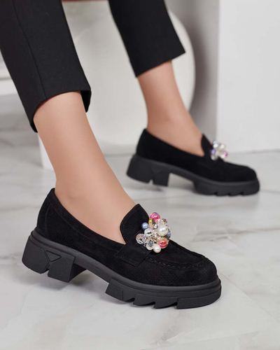 Royalfashion Чорні жіночі мокасини з різнокольоровими кристалами Glam