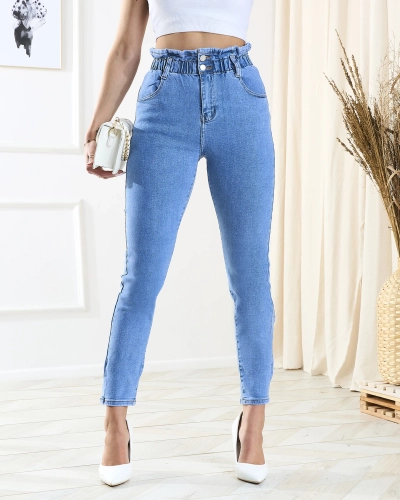 Сині жіночі джинсові штани з поясом у вигляді паперового пакета - Одяг