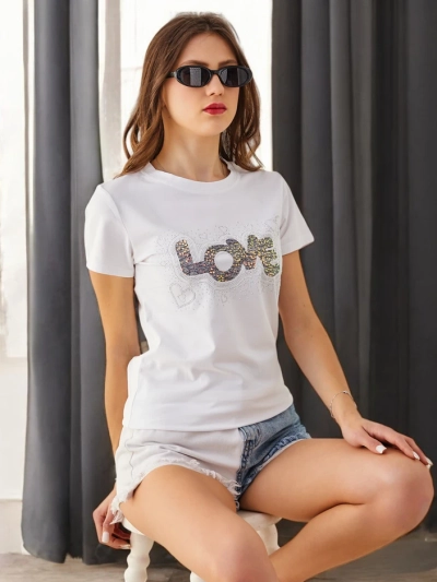 Royalfashion Dámské bavlněné tričko LOVE s kamínky