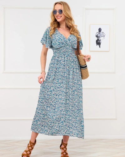 Зелена жіноча квітчаста сукня з вирізом-конвертом - Одяг