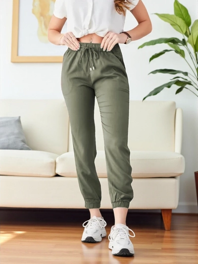 Kalhoty Raffaello Khaki Dlouhé Z Tkaniny Lyocell