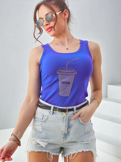Béžový dámský top Royalfashion z bavlny s rhinestone košíčky