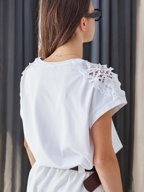 Royalfashion Жіноча бавовняна футболка з мереживними рукавами