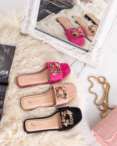 Dámské růžové eko semišové pantofle se zlatou přezkou Kom- Obuv