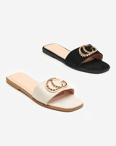 Eko semišové béžové pantofle se zlatým ornamentem Hana - Obuv