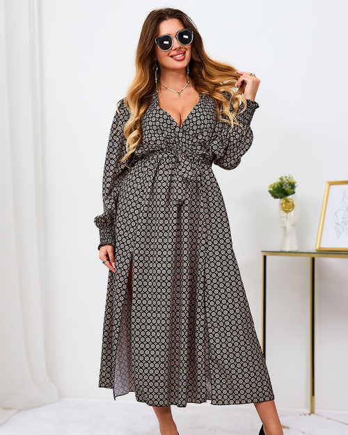 Royalfashion Бежево-чорна візерунчаста жіноча максі-сукня
